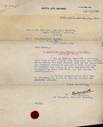 Militia and Defence letter accompanying will, 1919